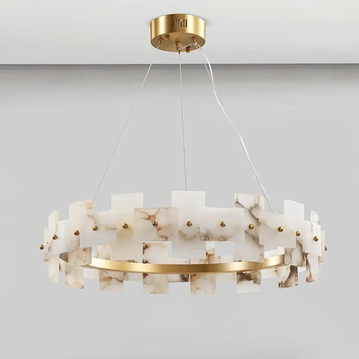 Geometric Chandelier in alabaster for Dining Room by AUVIELIGHT, Dia 60cm x H 150cm / ∅ 23.6″ x H 59″ / Brass & White