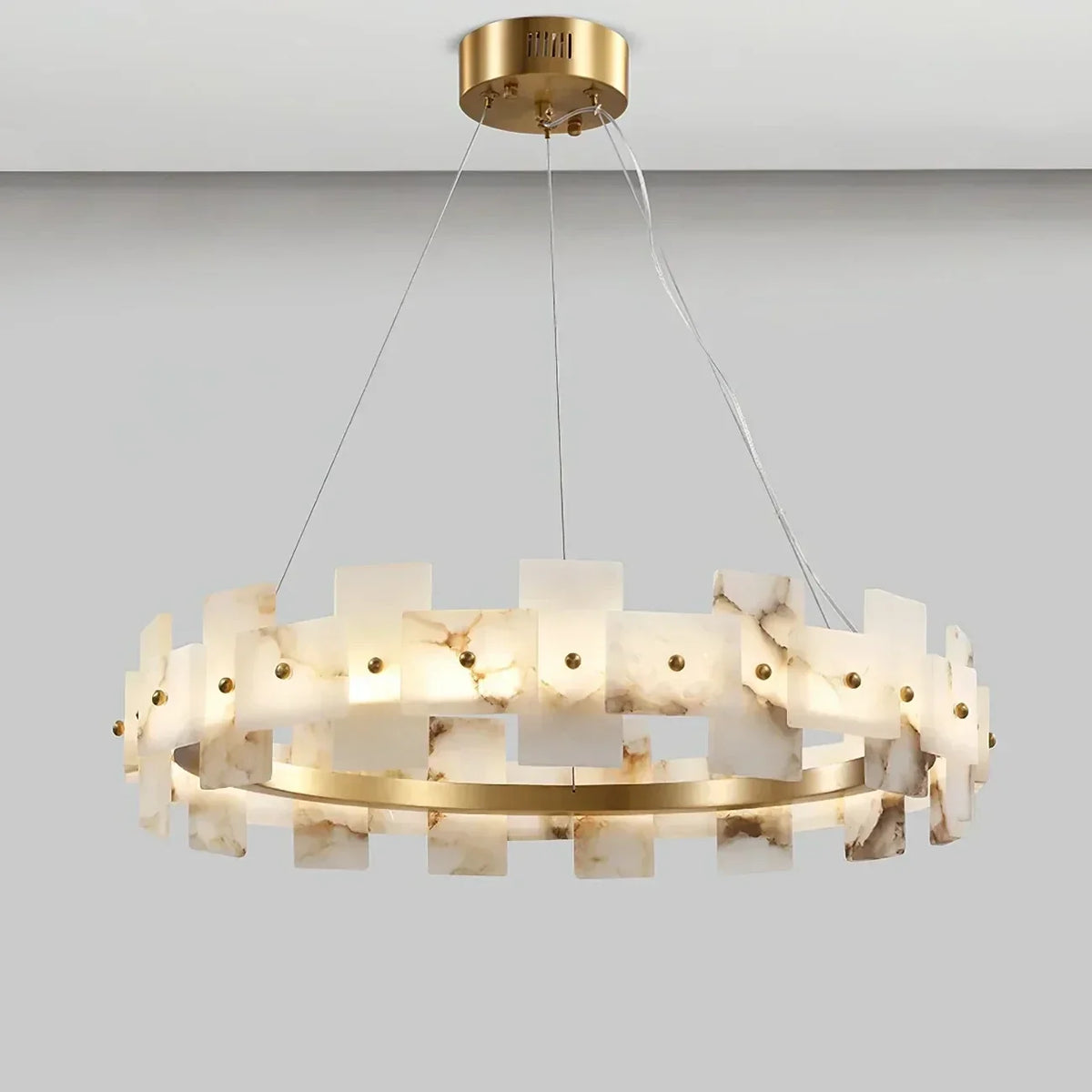 Geometric Chandelier in alabaster for Dining Room by AUVIELIGHT, Dia 80cm x H 150cm / ∅ 31.5″ x H 59″ / Brass & White