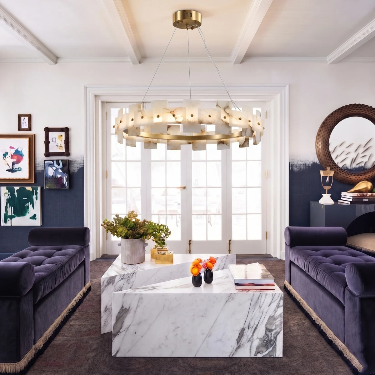 Geometric Chandelier in alabaster for Dining Room by AUVIELIGHT