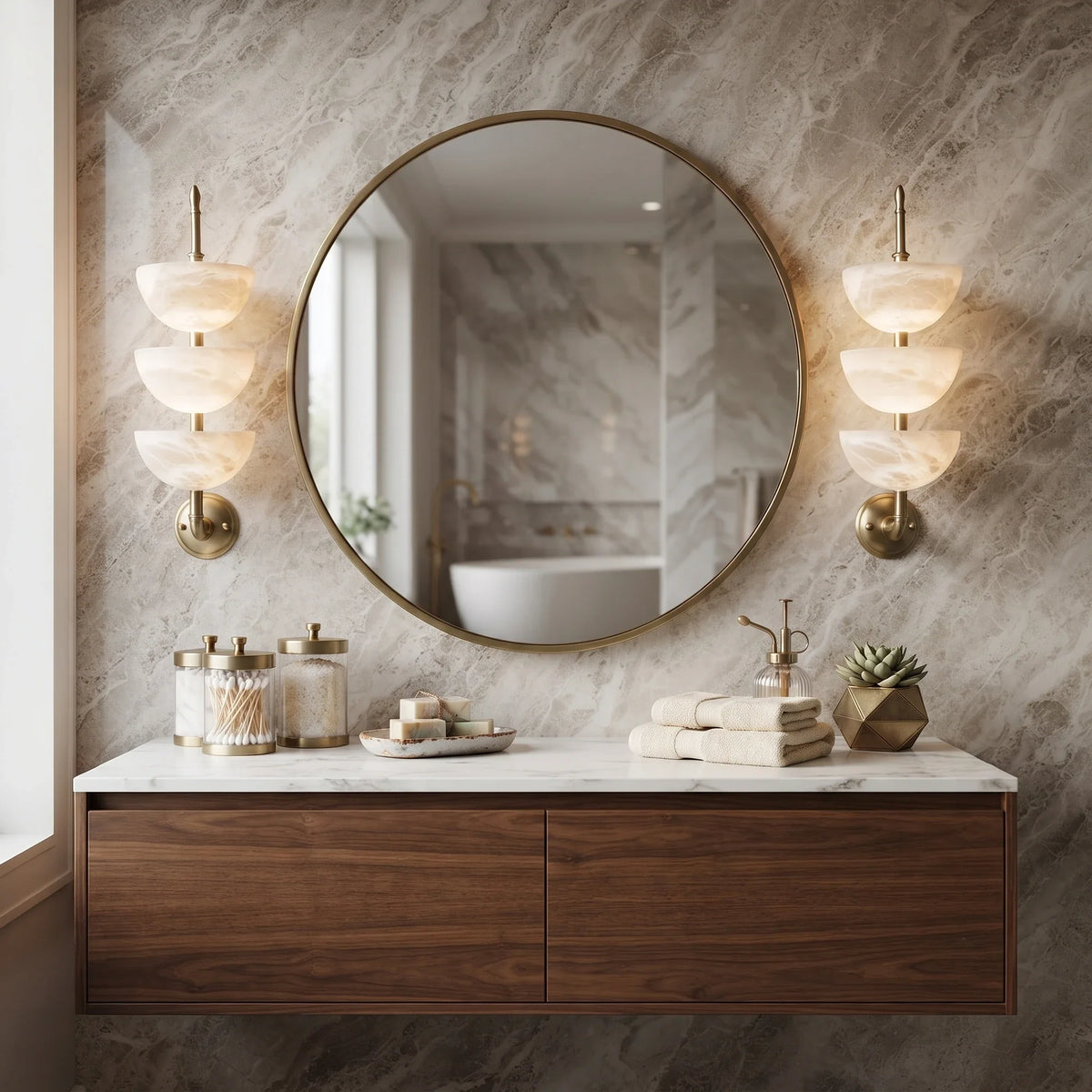 Tiered Wall Sconce in alabaster for Hallway by AUVIELIGHT