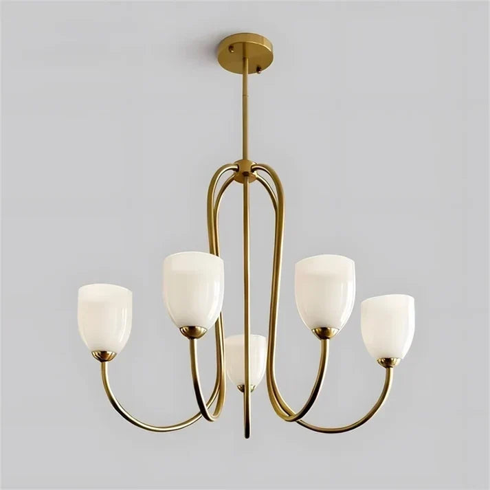 Modern Chandelier in rose brass for Dining Room by AUVIELIGHT, 5 heads D 68cm x H 56cm / ∅ 26.8″ x H 22″ / Gold & White