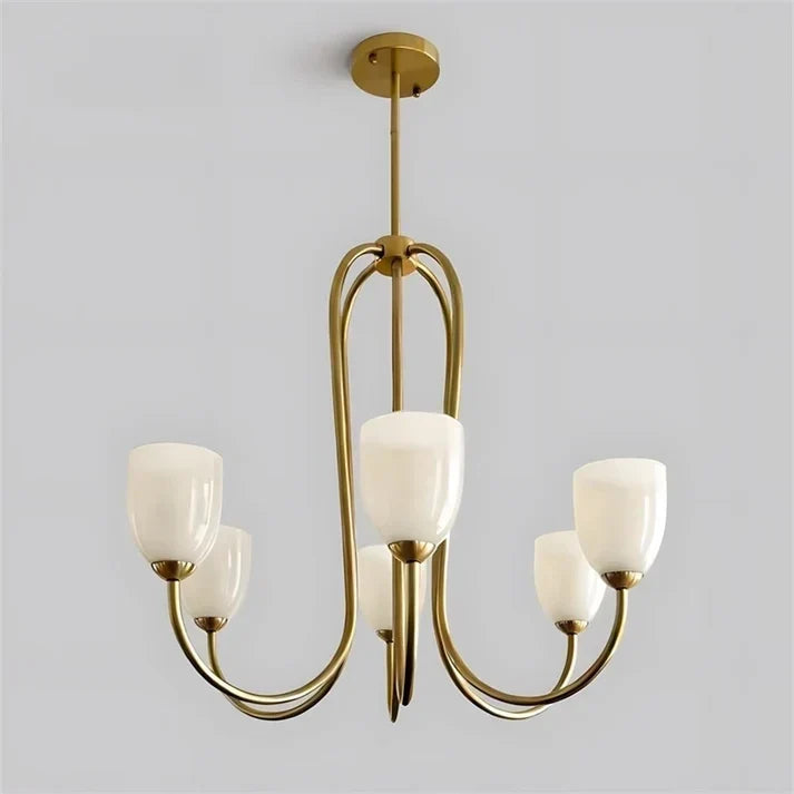 Modern Chandelier in rose brass for Dining Room by AUVIELIGHT, 6 heads D 68cm x H 56cm / ∅ 26.8″ x H 22″ / Gold & White