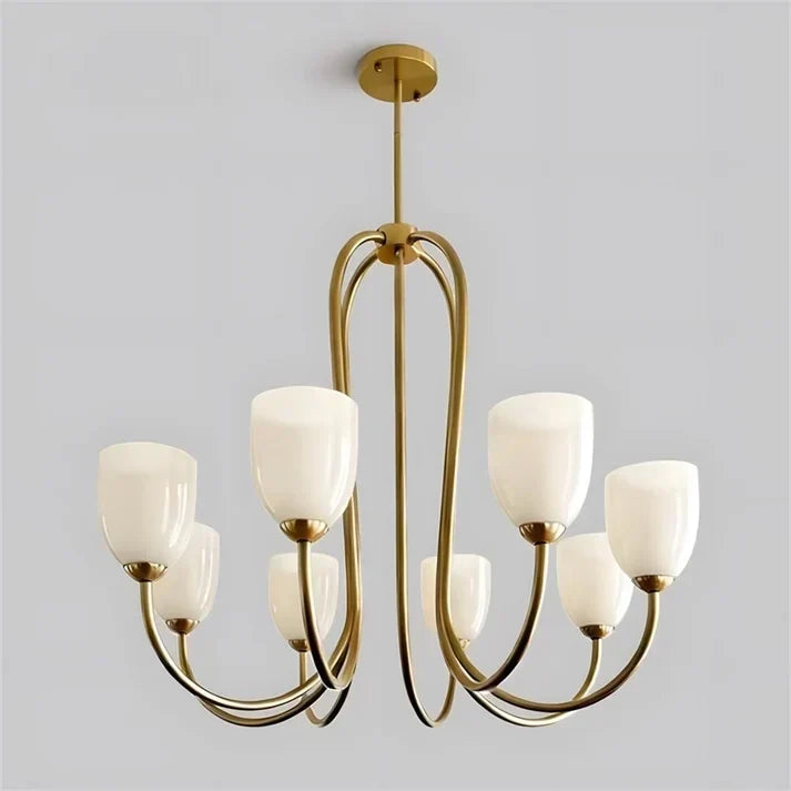 Modern Chandelier in rose brass for Dining Room by AUVIELIGHT, 8 heads D 89cm x H 76cm / ∅ 35″ x H 29.9″ / Gold & White