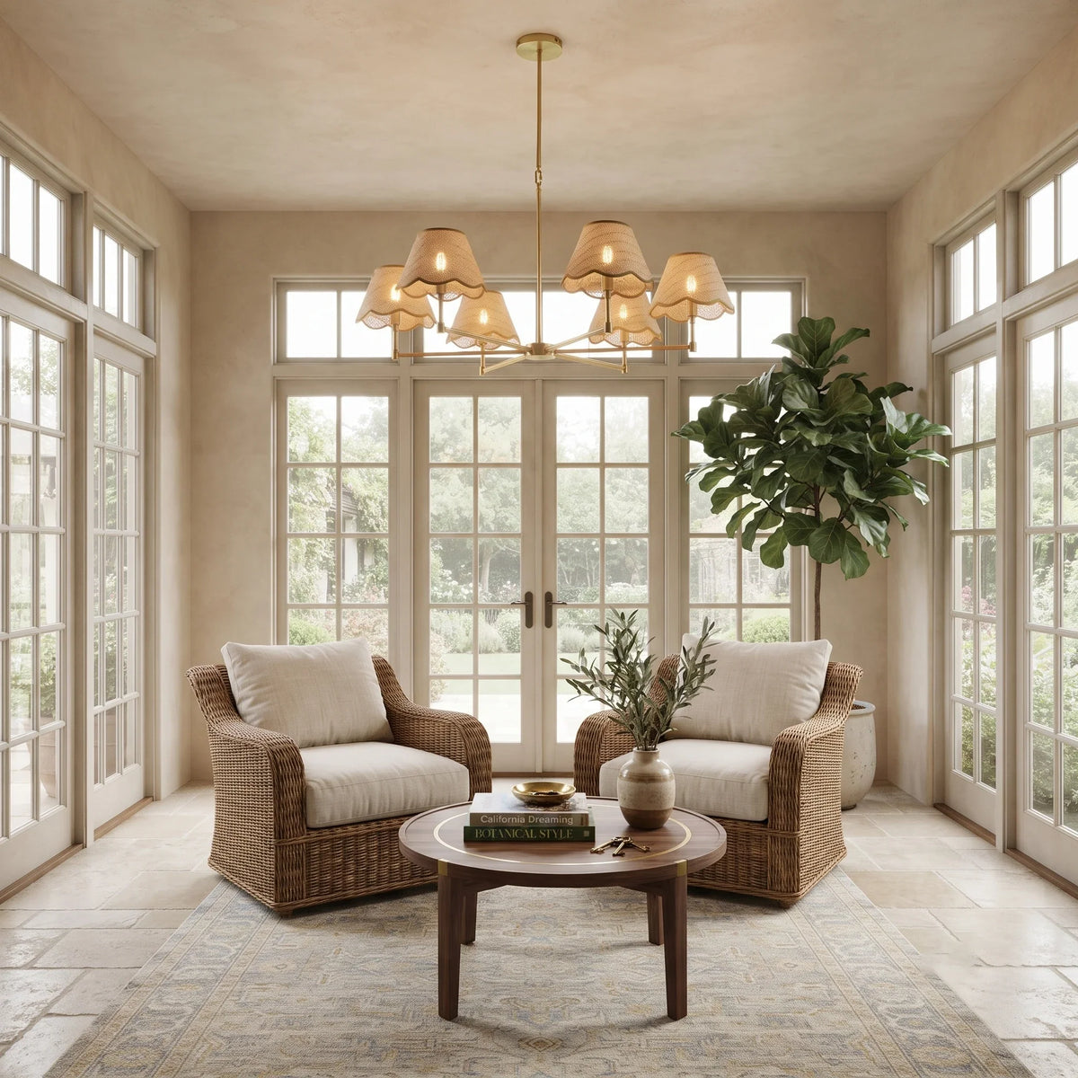 Scalloped Chandelier in rattan for Dining Room by AUVIELIGHT