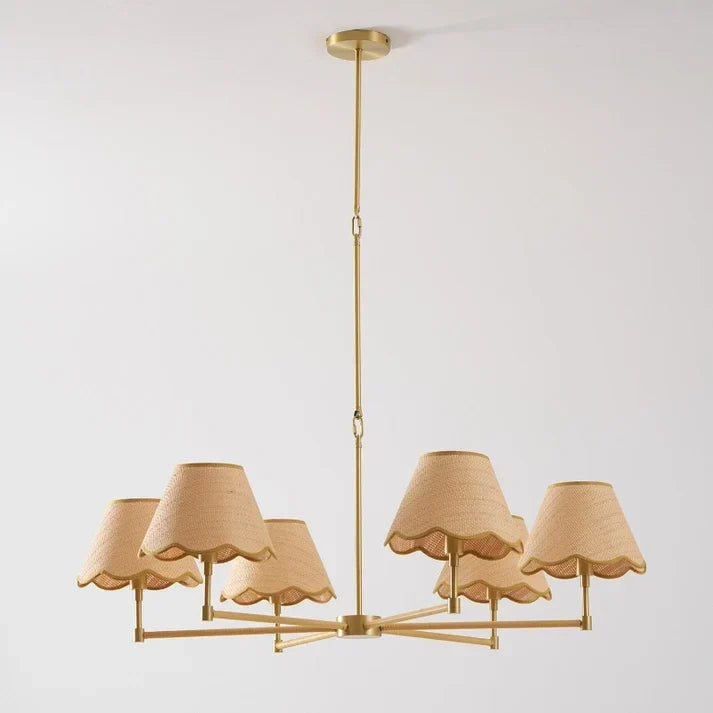 Scalloped Chandelier in rattan for Dining Room by AUVIELIGHT, 6 heads D 104cm x H 36cm / ∅ 40.9″ x H 14.2″ / Brass & Rattan color