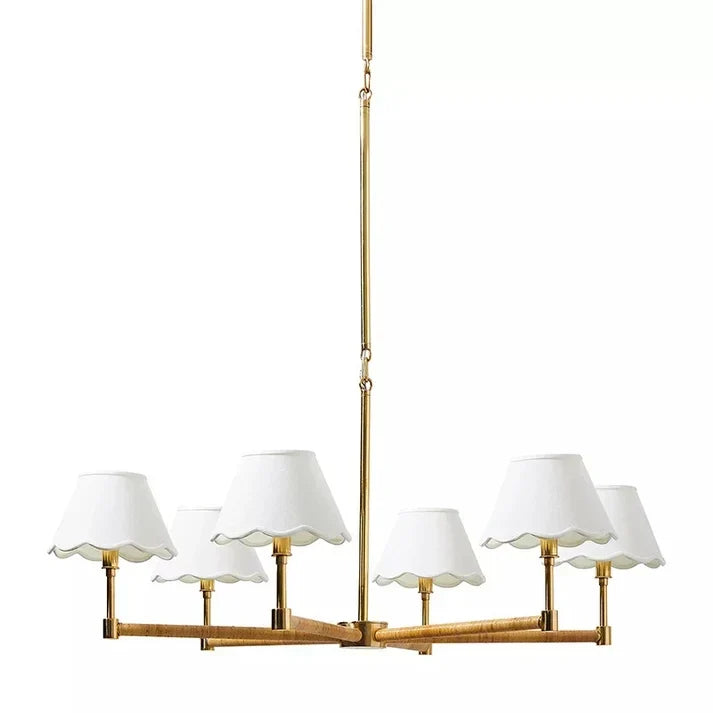 Scalloped Chandelier in rattan for Dining Room by AUVIELIGHT, 6 heads D 104cm x H 36cm / ∅ 40.9″ x H 14.2″ / Brass & White