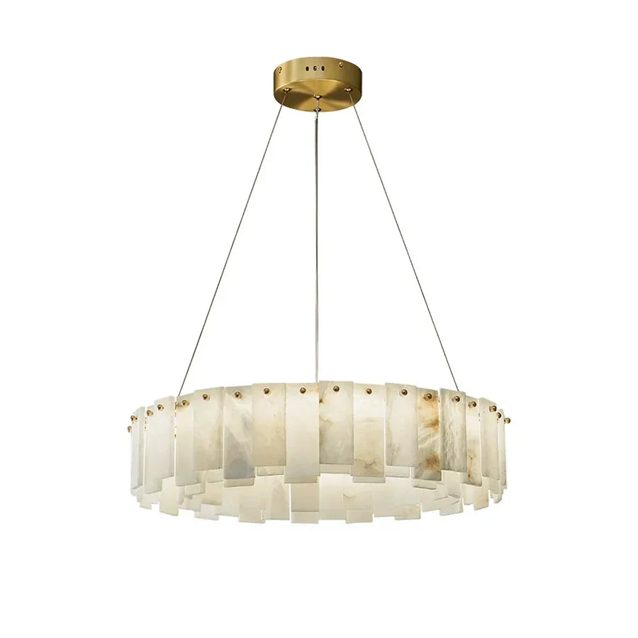 Cable-Hung Ring Chandelier in alabaster for Dining Room by AUVIELIGHT, 1 Layer ∅ 17.7″ x H 5.5″ / Brass + White and 2 other sizes