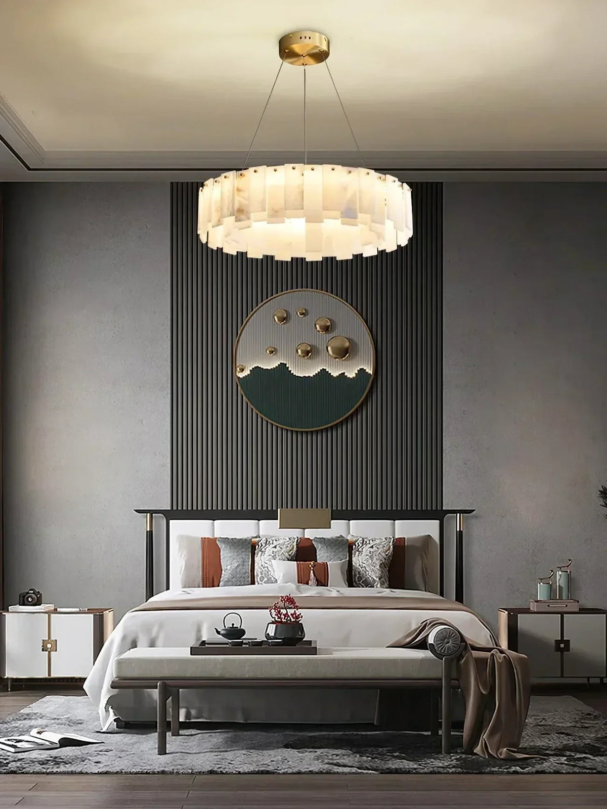 Cable-Hung Ring Chandelier in alabaster for Dining Room by AUVIELIGHT