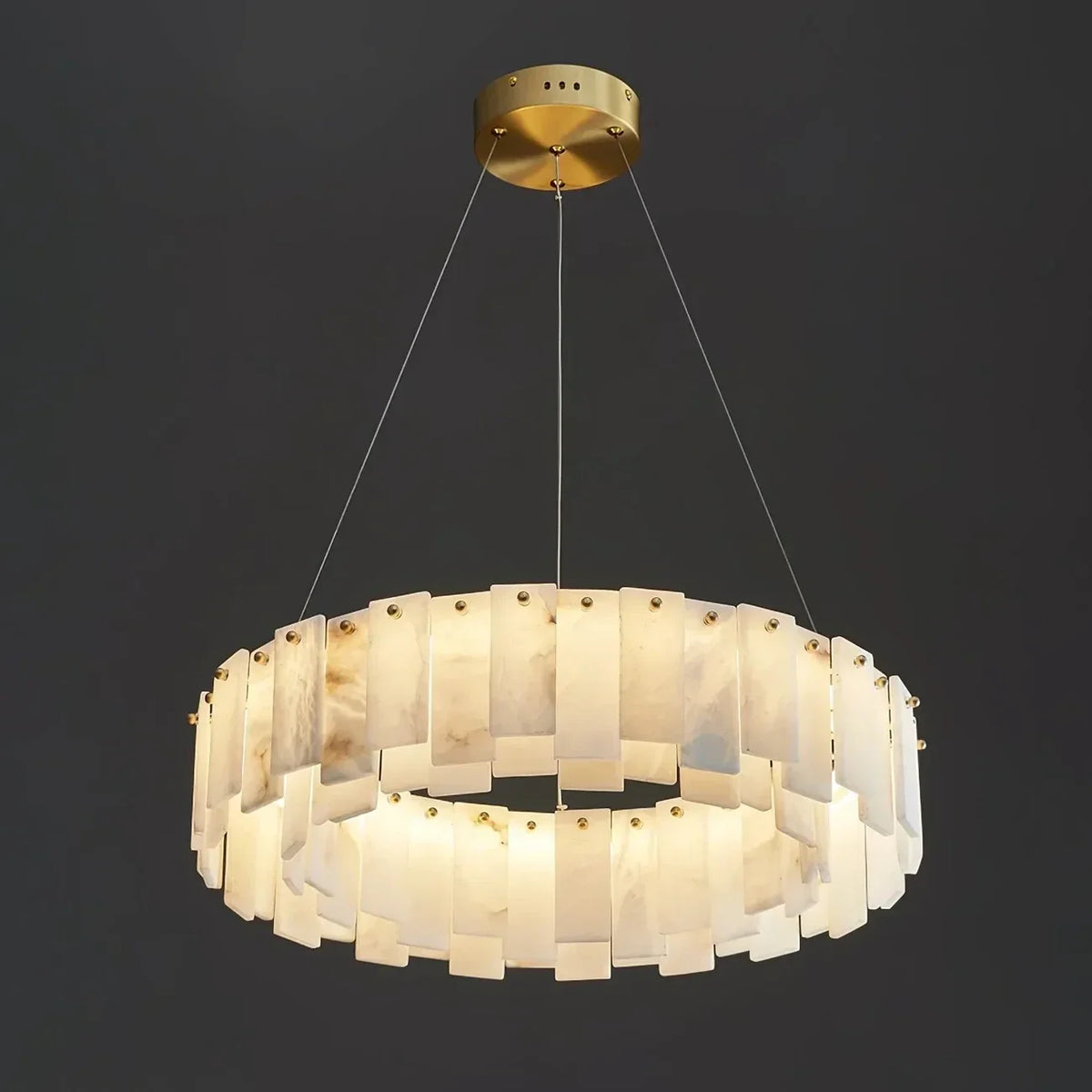 Cable-Hung Ring Chandelier in alabaster for Dining Room by AUVIELIGHT, 1 Layer ∅ 39.4″ x H 5.5″ / Brass + White