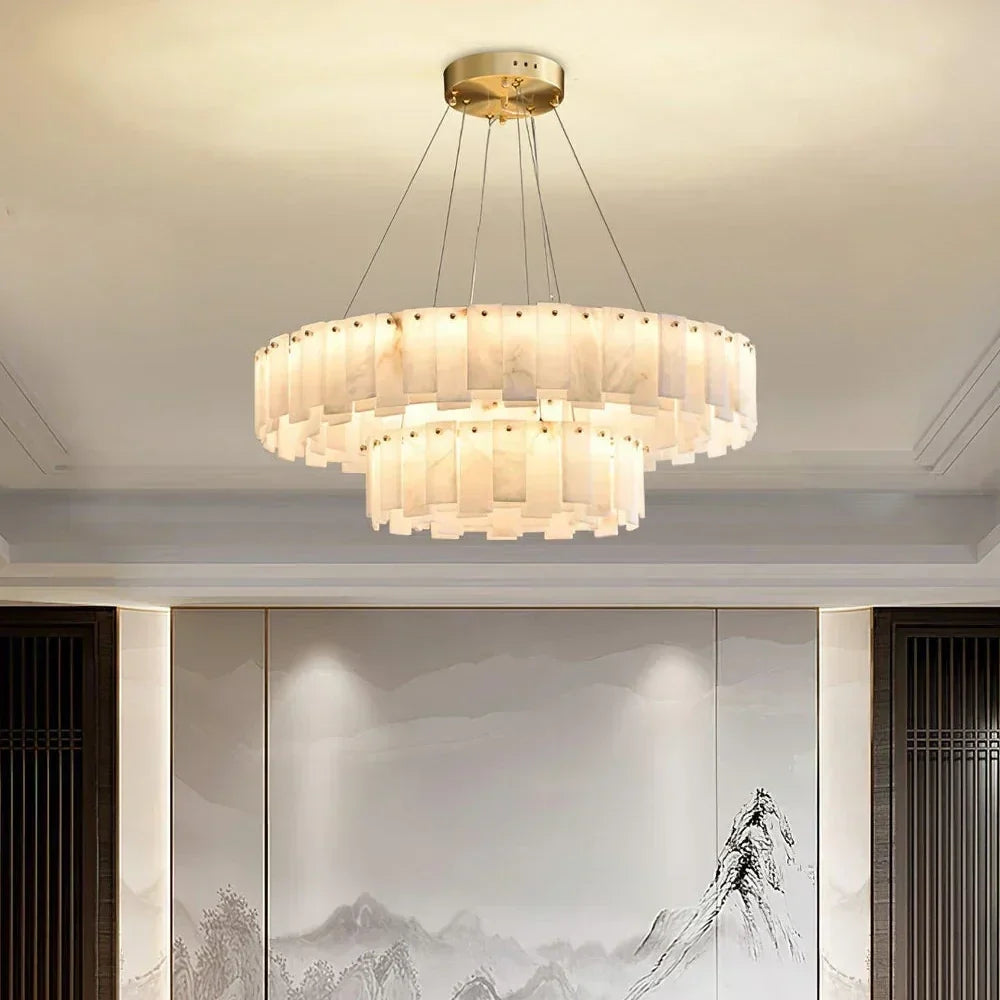 Cable-Hung Ring Chandelier in alabaster for Dining Room by AUVIELIGHT