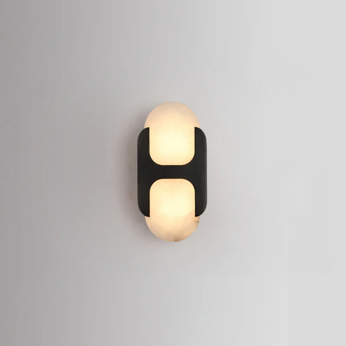 Capsule Wall Light in alabaster for Hallway by AUVIELIGHT, Dia 12.5cm x H 25.5cm / ∅ 4.9″ x H 10″ / Black & White / Warm Light