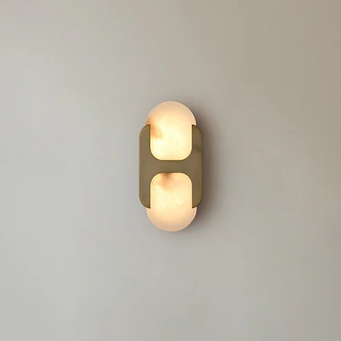 Capsule Wall Light in alabaster for Hallway by AUVIELIGHT, Dia 12.5cm x H 25.5cm / ∅ 4.9″ x H 10″ / Gold & White / Warm Light