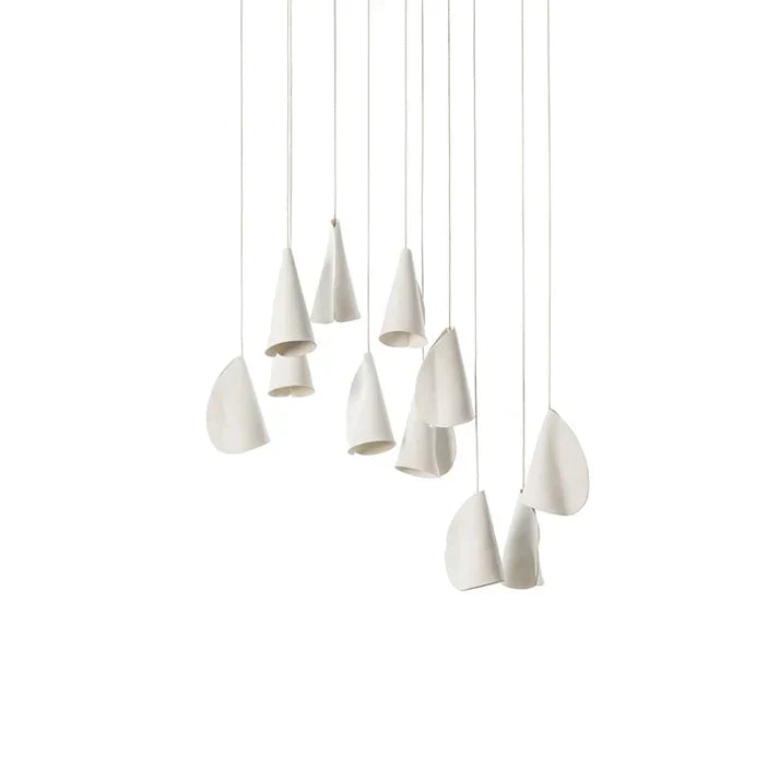 Cascade Petal Chandelier in porcelain for Dining Room by AUVIELIGHT, 11 heads Long canopy : L 80cm x H 300cm / L 31.5″ x H 118.1″ / White