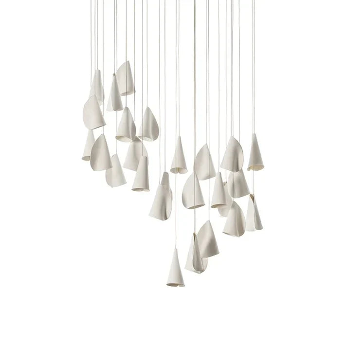 Cascade Petal Chandelier in porcelain for Dining Room by AUVIELIGHT, 26 heads Long canopy : L 100cm x H 400cm / L 39.4″ x H 157.5″ / White