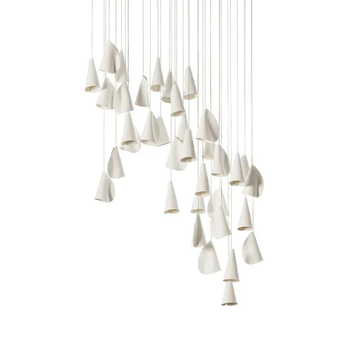 Cascade Petal Chandelier in porcelain for Dining Room by AUVIELIGHT, 36 heads Long canopy : L 110cm x H 400cm / L 43.3″ x H 157.5″ / White