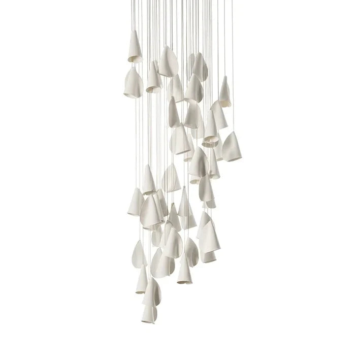 Cascade Petal Chandelier in porcelain for Dining Room by AUVIELIGHT, 50 heads Square canopy: D 80cm x H 500cm / ∅ 31.5″ x H 196.9″ / White