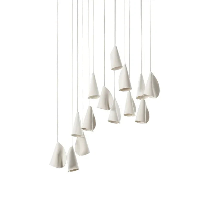 Cascade Petal Chandelier in porcelain for Dining Room by AUVIELIGHT, 14 heads Long canopy : L 31.5″ x W 9.1″ x H 118.1″ / White Ceramics