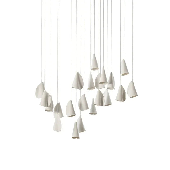 Cascade Petal Chandelier in porcelain for Dining Room by AUVIELIGHT, 21 heads Long canopy : L 80cm x H 400cm / L 31.5″ x H 157.5″ / White