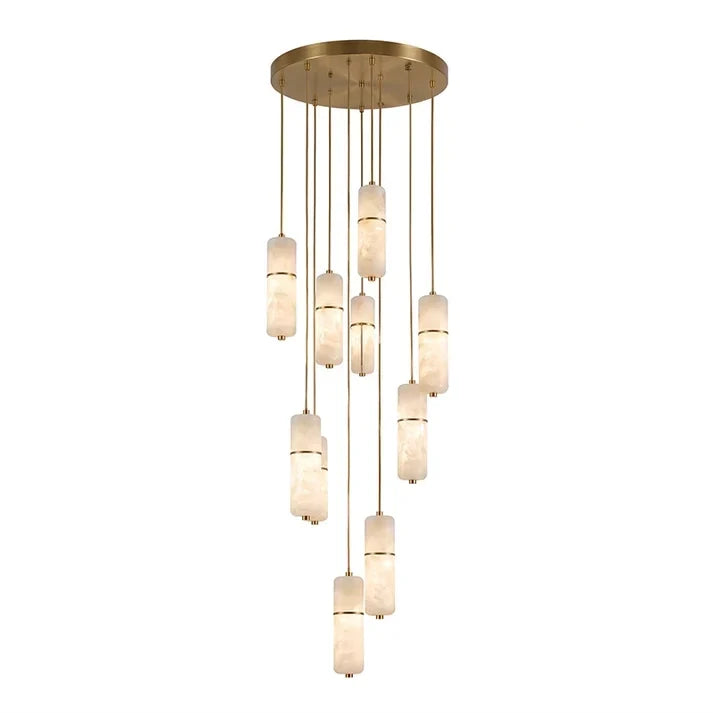 Cascading Cylinder Chandelier in alabaster for Dining Room by AUVIELIGHT, 9 heads D 40cm x H 300cm / ∅ 15.7″ x H 118.1″ / Brass & White / Warm