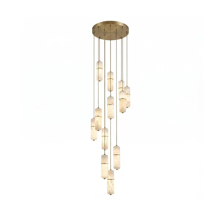 Cascading Cylinder Chandelier in alabaster for Dining Room by AUVIELIGHT, 12 heads D 50cm x H 350cm / ∅ 19.7″ x H 137.8″ / Brass & White / Warm