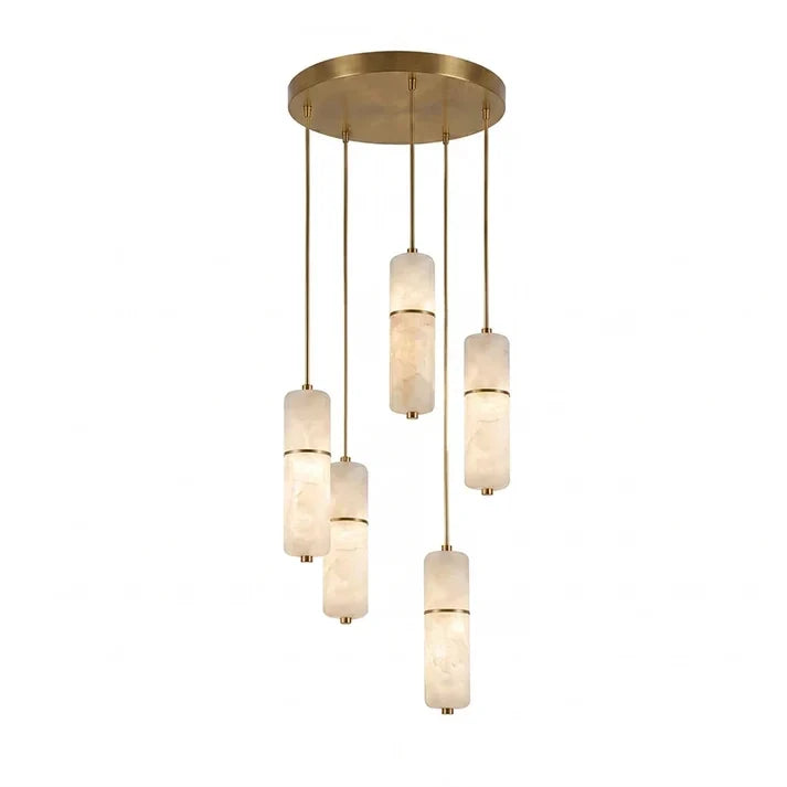 Cascading Cylinder Chandelier in alabaster for Dining Room by AUVIELIGHT, 5 heads D 20cm x H 200cm / ∅ 7.8″ x H 78.7″ / Brass & White / Warm