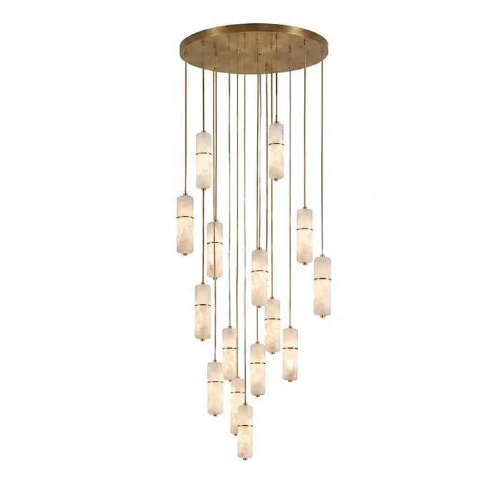 Cascading Cylinder Chandelier in alabaster for Dining Room by AUVIELIGHT, 15 heads D 60cm x H 400cm / ∅ 23.6″ x H 157.5″ / Brass & White / Warm