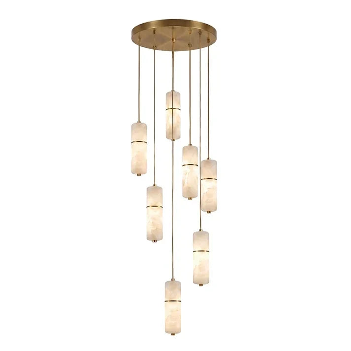 Cascading Cylinder Chandelier in alabaster for Dining Room by AUVIELIGHT, 7 heads D 30cm x H 250cm / ∅ 11.8″ x H 98.4″ / Brass & White / Warm