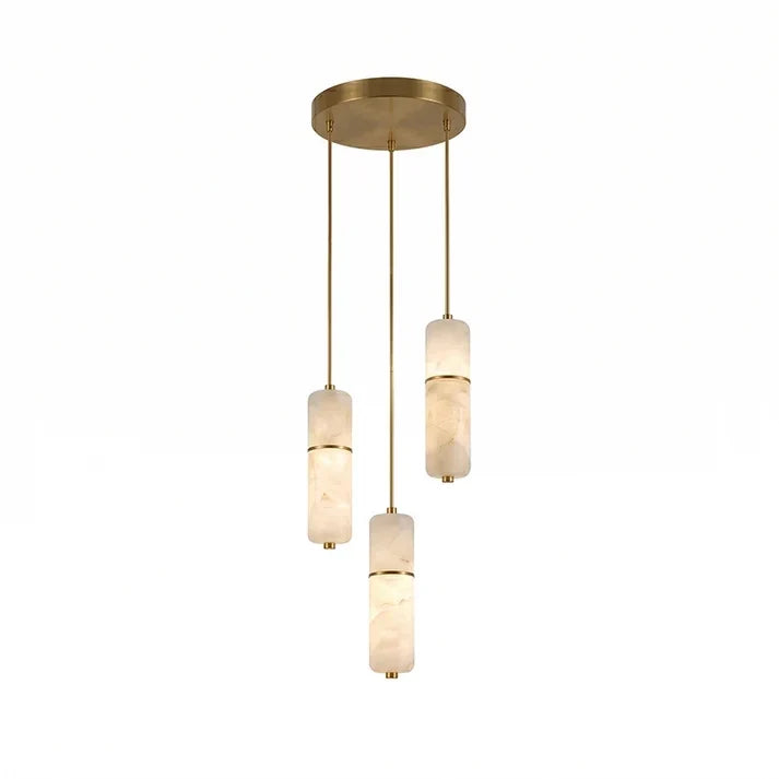 Cascading Cylinder Chandelier in alabaster for Dining Room by AUVIELIGHT, 3 heads D 30cm x H 150cm / ∅ 11.8″ x H 59″ / Brass & White / Warm Light