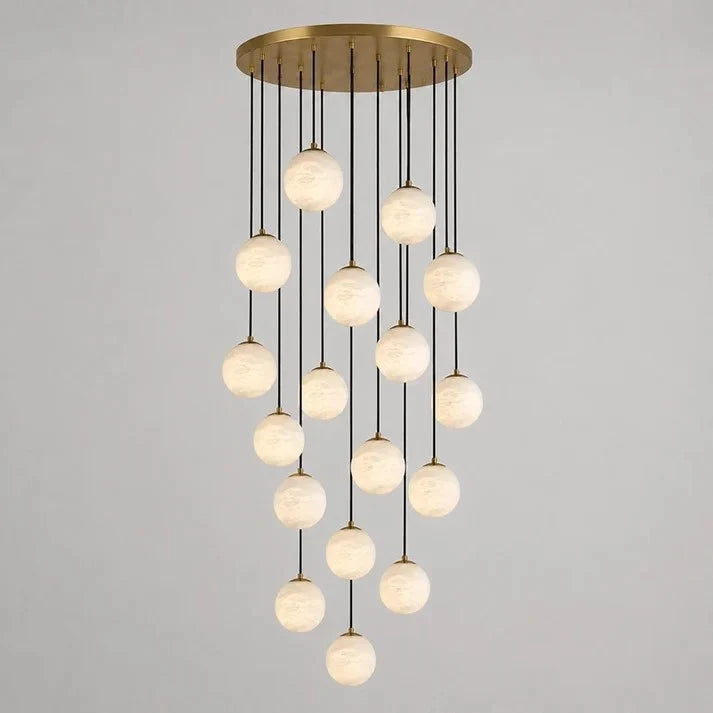 Cascading Orb Light in alabaster for Living Room by AUVIELIGHT, 18 heads D 60cm x H 500cm / ∅ 23.6″ x H 196.9″ / Brass & White