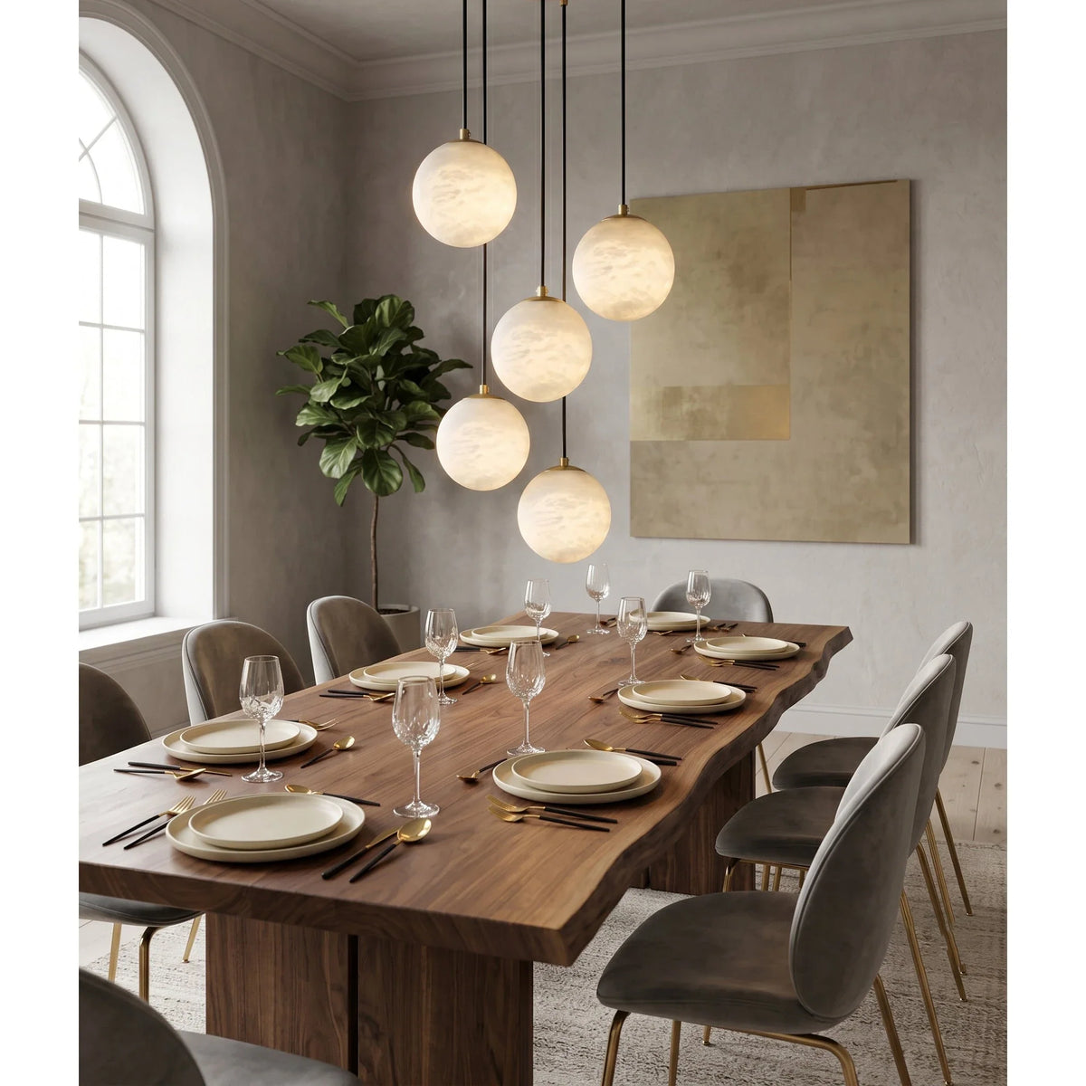 Cascading Orb Light in alabaster for Living Room by AUVIELIGHT