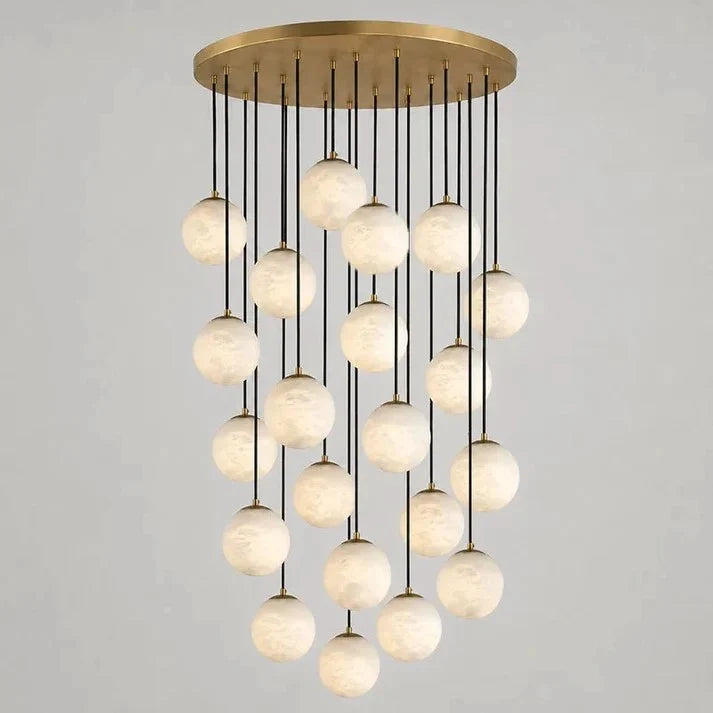Cascading Orb Light in alabaster for Living Room by AUVIELIGHT, 21 heads D 60cm x H 600cm / ∅ 23.6″ x H 236.2″ / Brass & White