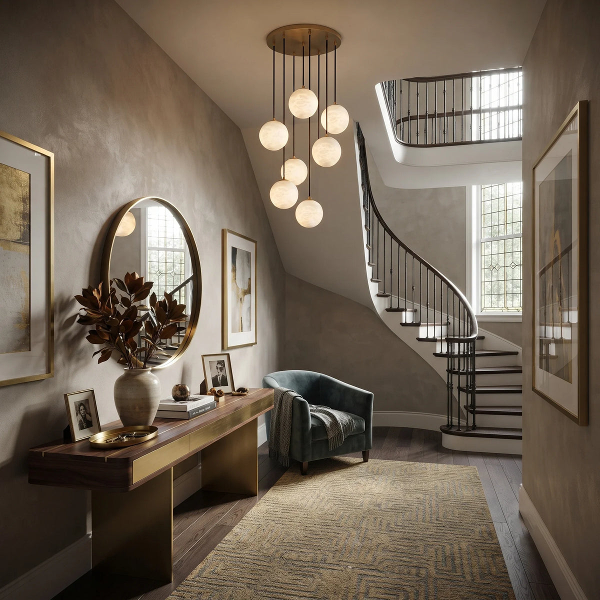 Cascading Orb Light in alabaster for Living Room by AUVIELIGHT