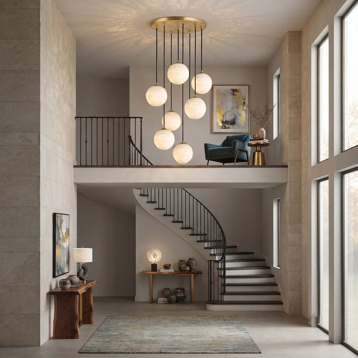 Cascading Orb Light in alabaster for Living Room by AUVIELIGHT