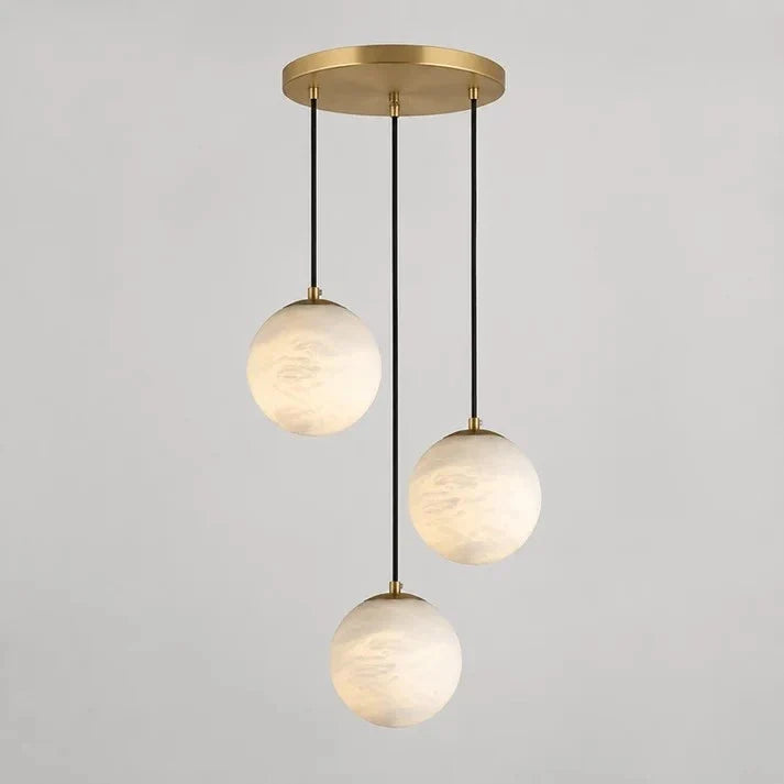 Cascading Orb Light in alabaster for Living Room by AUVIELIGHT, 3 heads D 20cm x H 200cm / ∅ 7.9″ x H 78.7″ / Brass & White