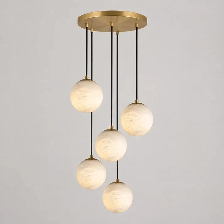 Cascading Orb Light in alabaster for Living Room by AUVIELIGHT, 5 heads D 30cm x H 200cm / ∅ 11.8″ x H 78.7″ / Brass & White