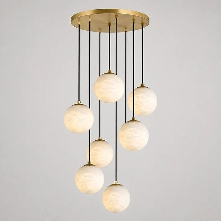 Cascading Orb Light in alabaster for Living Room by AUVIELIGHT, 7 heads D 40cm x H 250cm / ∅ 15.7″ x H 98.4″ / Brass & White