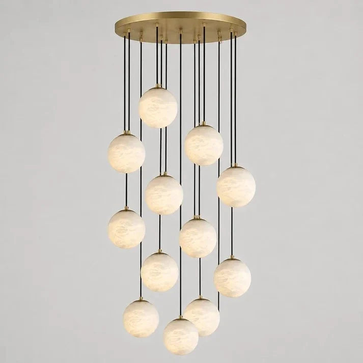 Cascading Orb Light in alabaster for Living Room by AUVIELIGHT, 12 heads D 50cm x H 350cm / ∅ 19.7″ x H 137.8″ / Brass & White