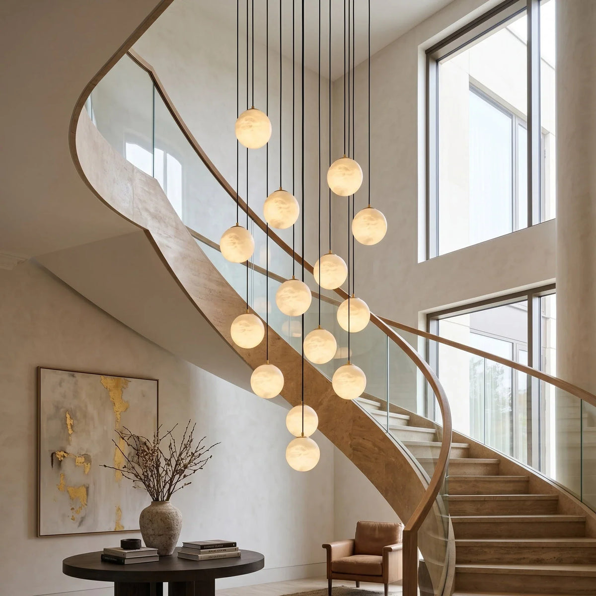 Cascading Orb Light in alabaster for Living Room by AUVIELIGHT