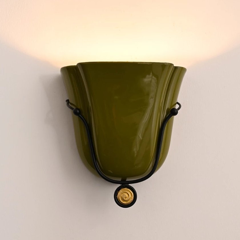 Tulip Wall Sconce in ceramic for Hallway by AUVIELIGHT, Dia 25cm x H 27cm / Dia 9.8x H 10.6" / Olive Green / Warm light