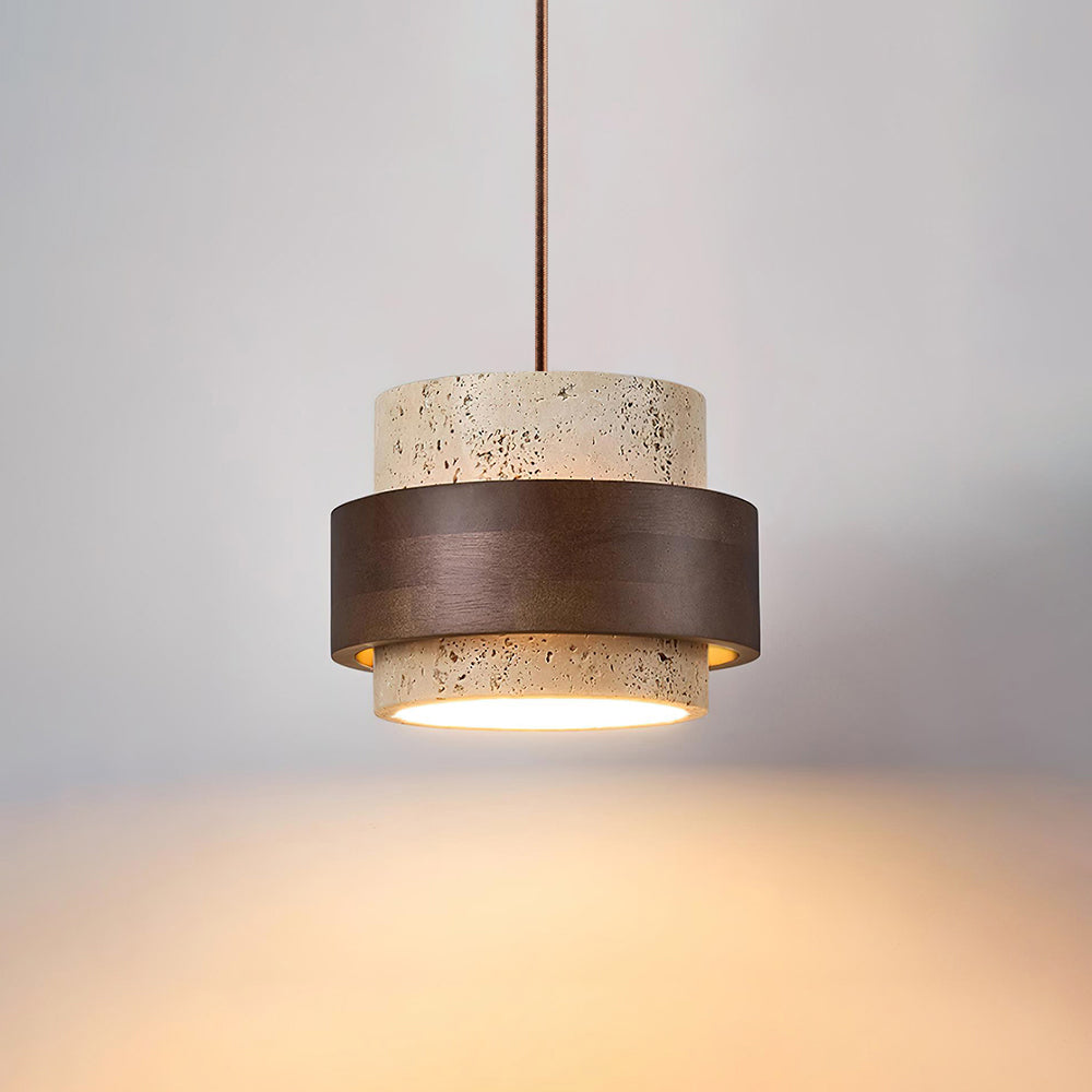 Modern Pendant Light in travertine for Kitchen Island by AUVIELIGHT, ∅ 6.7″ × H 4.9″ / Walnut Color & Yellow Travertine / Warm Light