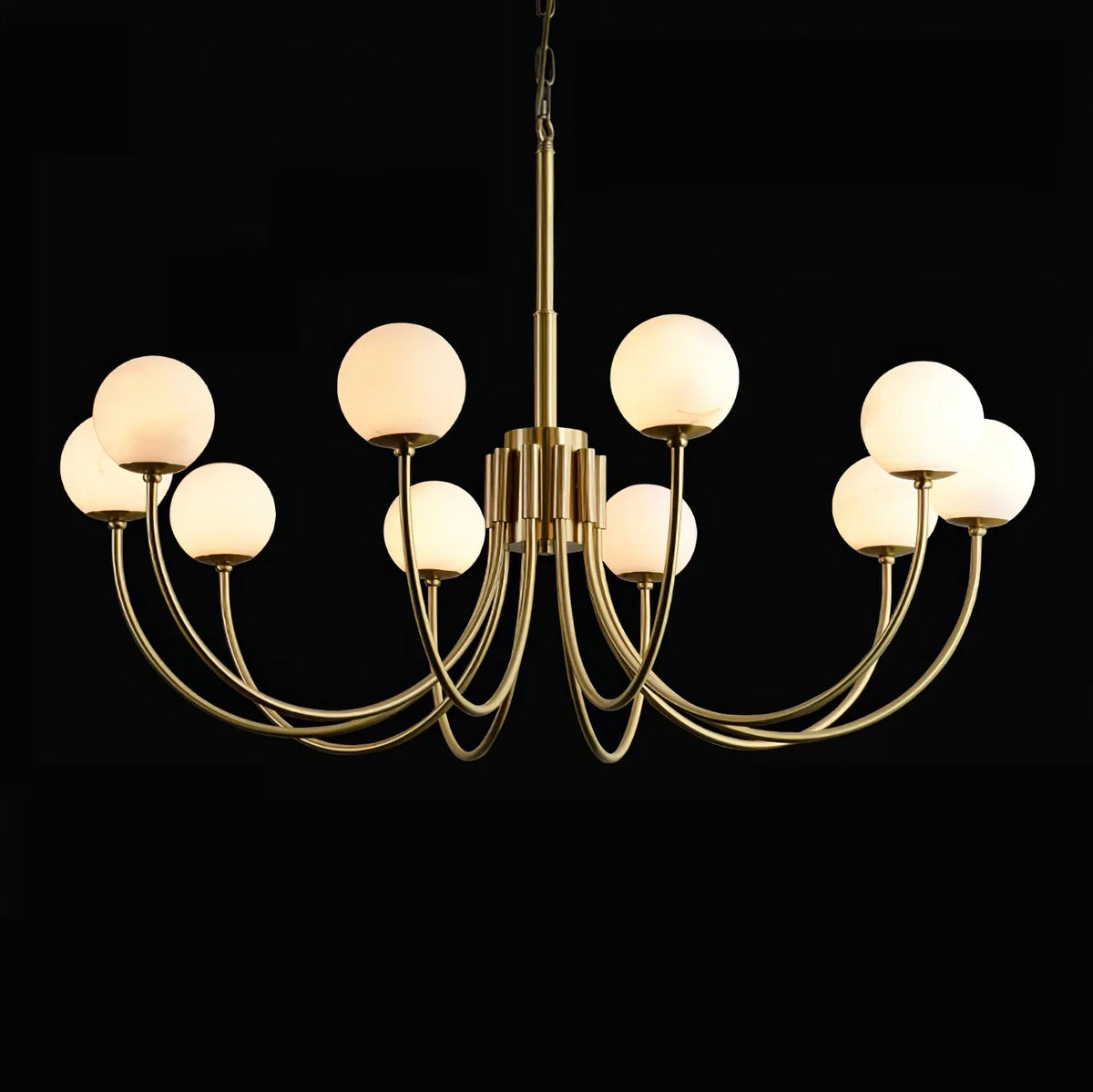 Curved Chandelier in alabaster for Dining Room by AUVIELIGHT, 10 Heads Size: Dia 100cm x H 50cm / ∅ 39.4″ x H 19.7″ / Brass & White / Warm Light