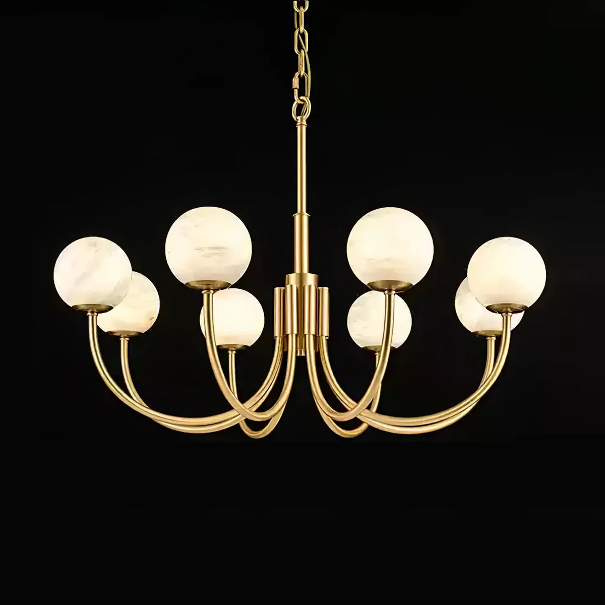 Curved Chandelier in alabaster for Dining Room by AUVIELIGHT, 8 Heads Size: Dia 80cm x H 50cm / ∅ 31.5″ x H 19.7″ / Brass & White / Warm Light