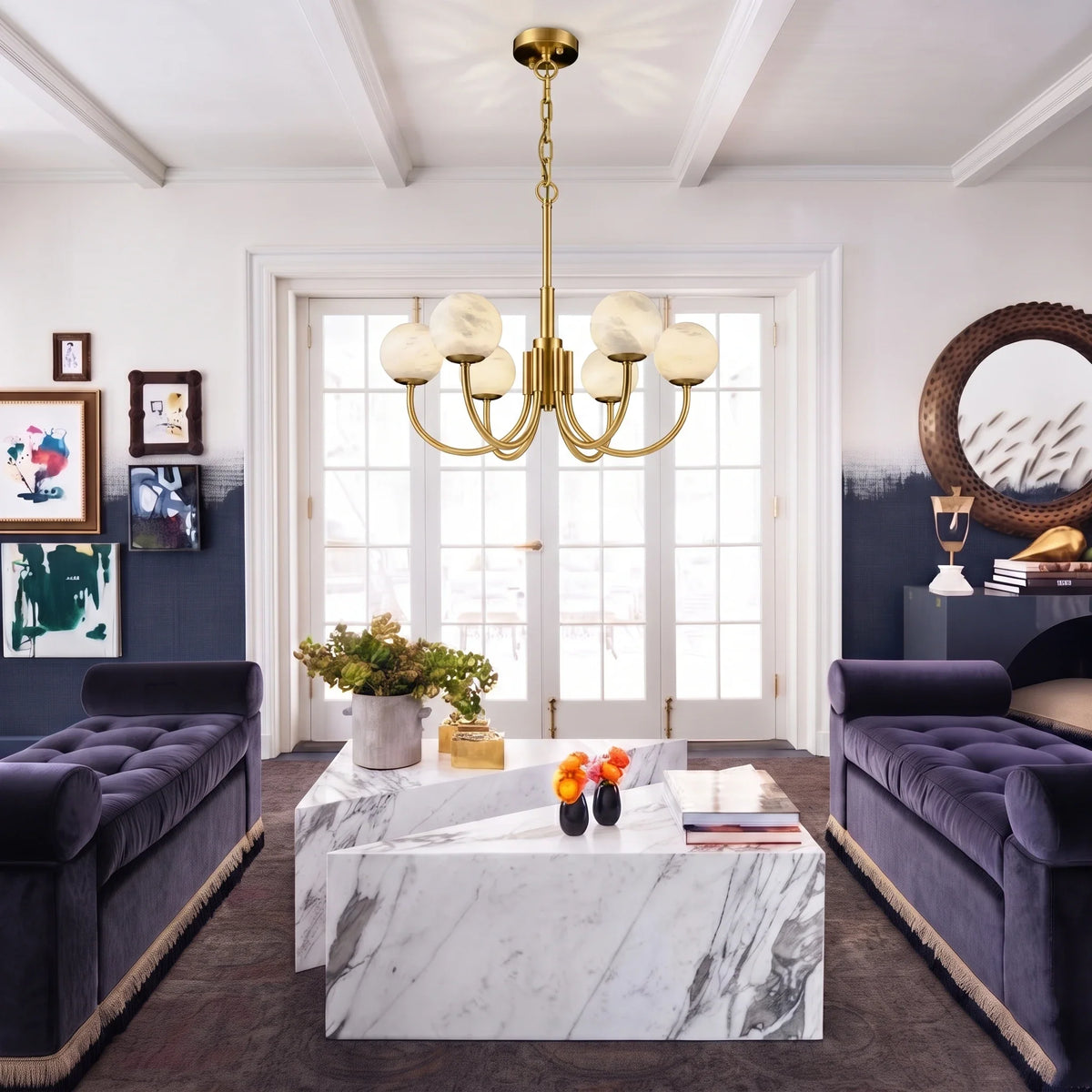 Curved Chandelier in alabaster for Dining Room by AUVIELIGHT