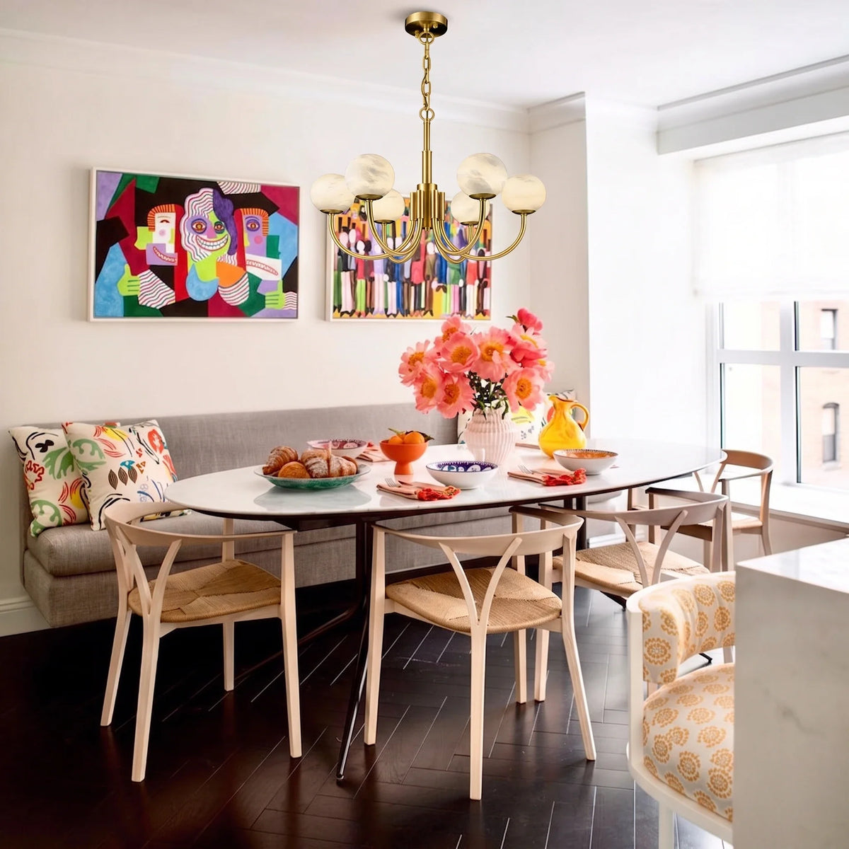 Curved Chandelier in alabaster for Dining Room by AUVIELIGHT