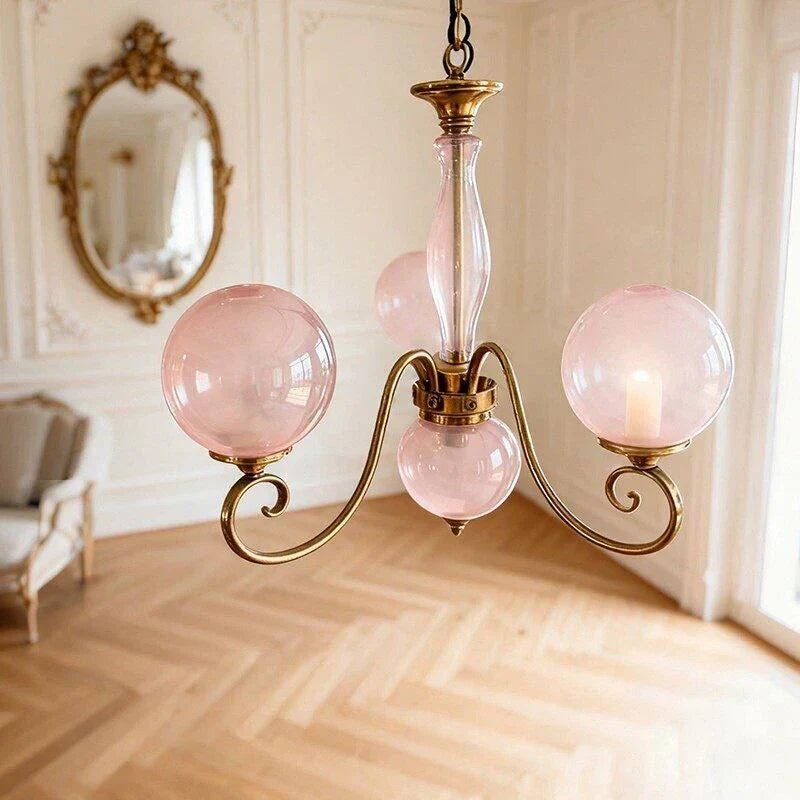 Curved Chandelier in rose brass for Dining Room by AUVIELIGHT, 3+1 heads D 55cm x H 40cm / ∅ 21.7" x H 15.7" / Antique Brass & Pink