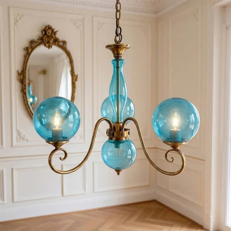 Curved Chandelier in rose brass for Dining Room by AUVIELIGHT, 3+1 heads D 55cm x H 40cm / ∅ 21.7" x H 15.7" / Antique Brass & Blue