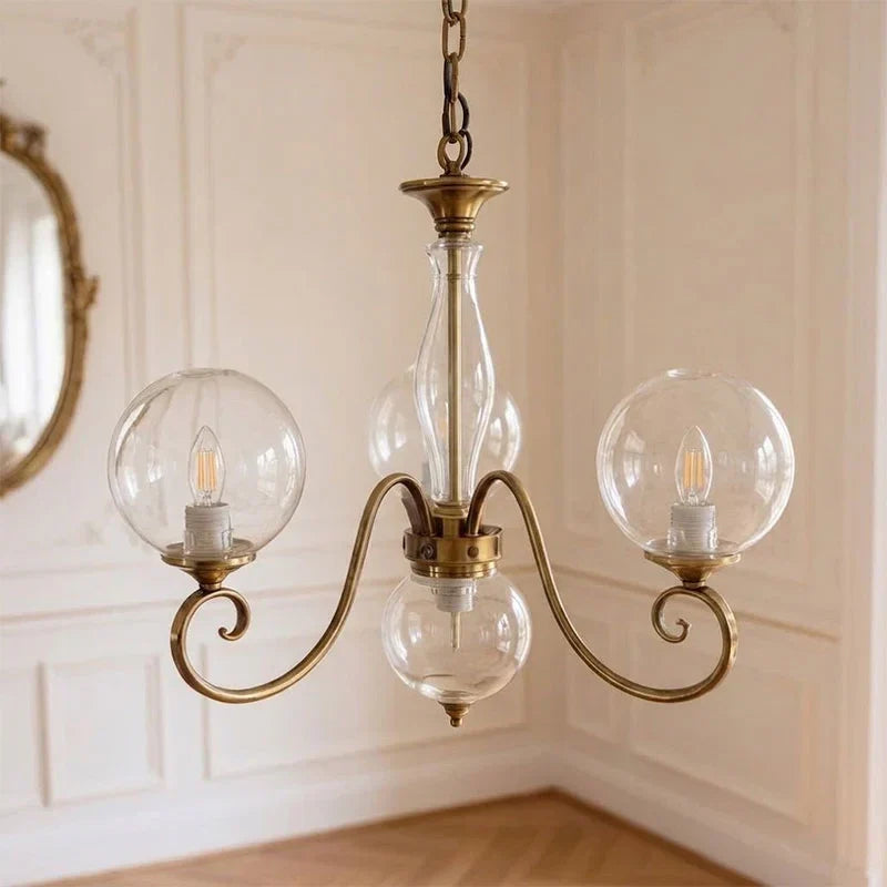 Curved Chandelier in rose brass for Dining Room by AUVIELIGHT, 3+1 heads D 55cm x H 40cm / ∅ 21.7" x H 15.7" / Antique Brass & Clear