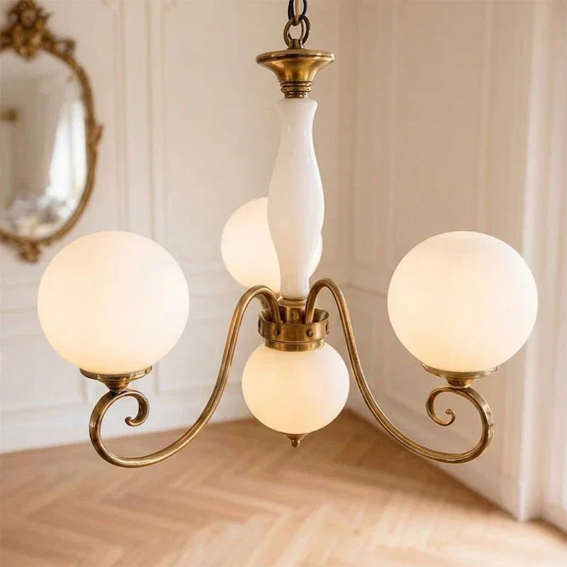 Curved Chandelier in rose brass for Dining Room by AUVIELIGHT, 3+1 heads D 55cm x H 40cm / ∅ 21.7" x H 15.7" / Antique Brass & White