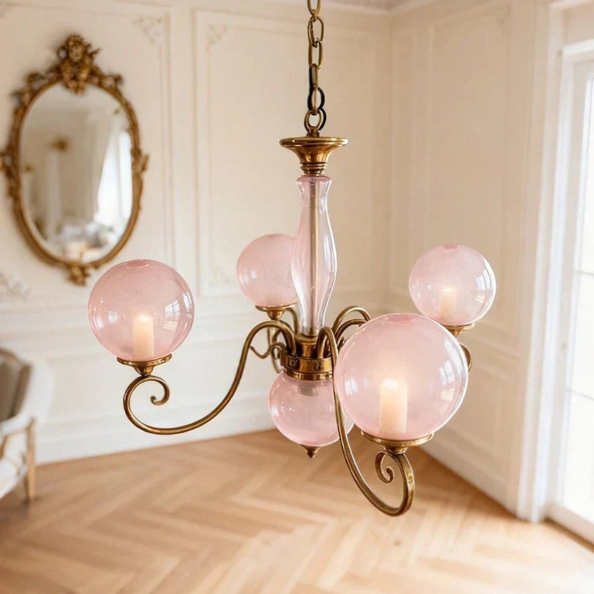 Curved Chandelier in rose brass for Dining Room by AUVIELIGHT, 4+1 heads D 55cm x H 45cm / ∅ 21.7" x H 17.7" / Antique Brass & Pink