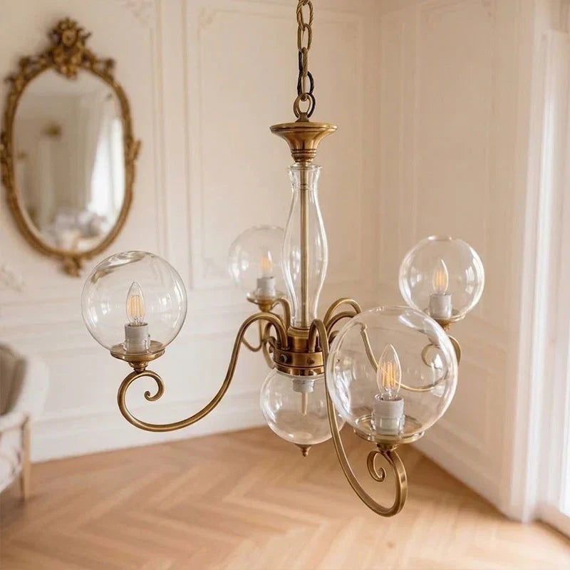 Curved Chandelier in rose brass for Dining Room by AUVIELIGHT, 4+1 heads D 55cm x H 45cm / ∅ 21.7" x H 17.7" / Antique Brass & Clear